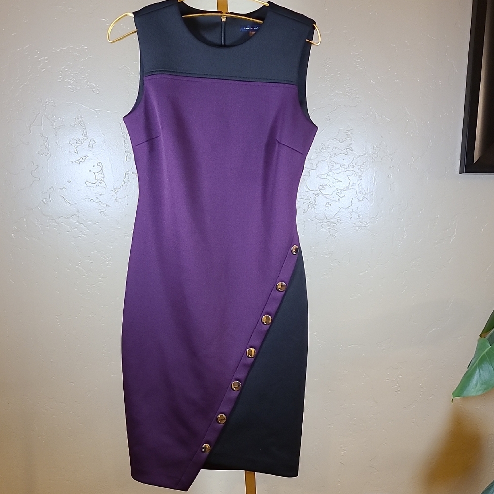 Tommy‎ Hilfiger Purple & Black Colorblock Sheath Dress Size 4 Gold Buttons